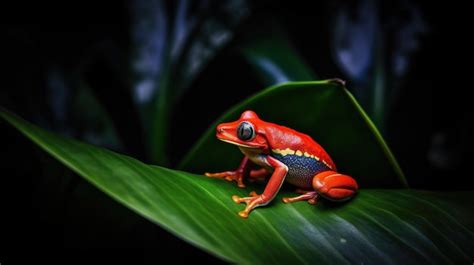 Premium AI Image | A red frog sits on a leaf in the rainforest.