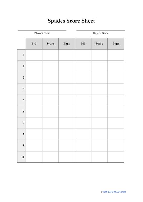 Spades Score Sheet Template Download Printable PDF | Templateroller