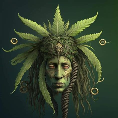an artistic painting of a woman with green hair and leaves on her head, surrounded by circles