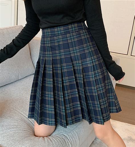 Knee Length Pleated Plaid Skirt Women Plus Size Navy Black Pleated PLAID SKIRTS- MIDI SKIRT ...