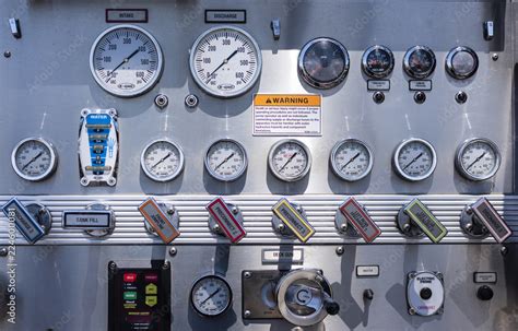 Complex control panel on a fire engine or fire truck with details on ...