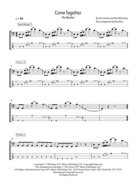 Come Together (arr. Alex Davis) by The Beatles Sheet Music for Bass Guitar Tab at Sheet Music Direct