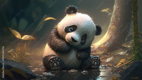 cute baby panda sad in the forest. Created with Generative AI. Stock ...