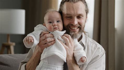 Loving Adult Bearded Father Holding Baby Newborn Caring Dad Playing ...