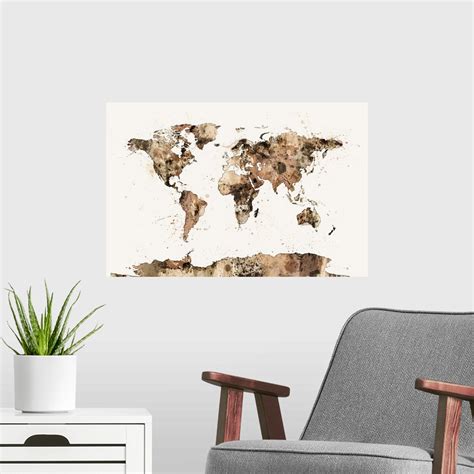 Map of the World Map Sepia Watercolor Poster Art Print, Map Home Decor | eBay