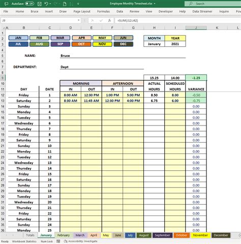 Employee Monthly Timesheet Template with Formulas - Kaufmann Data Masters & Profit Guides