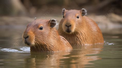 Two Cute Capybaras Are Swimming In The Water Background, Capybara ...