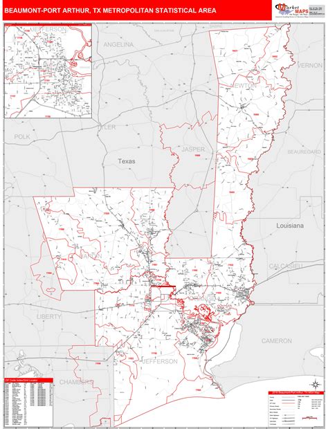 Beaumont-Port Arthur, TX Metro Area Wall Map Red Line Style by MarketMAPS