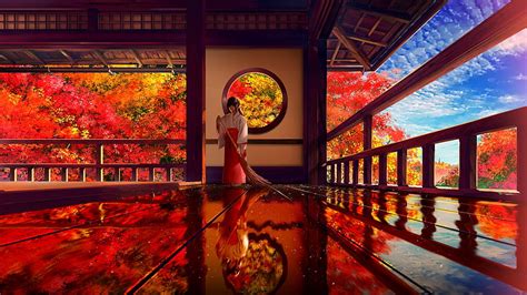 Traditional japanese building, miko, anime girl, autumn, fall, Anime ...