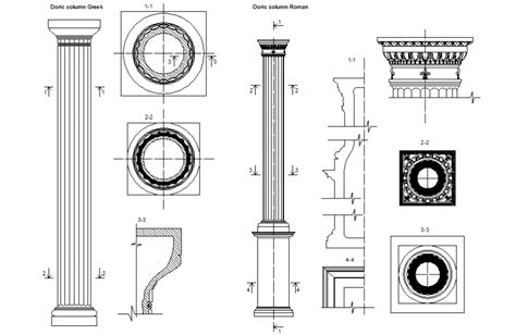 Doric greek column and roman column elevation and section details dwg file - Cadbull