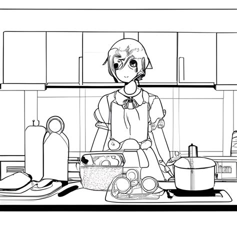 Anime Cooking at the Kitchen Just Line Art · Creative Fabrica