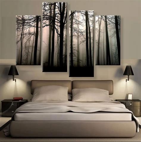 4 piece canvas dawn Forest Trees sunrise for bedroom Canvas picture ...