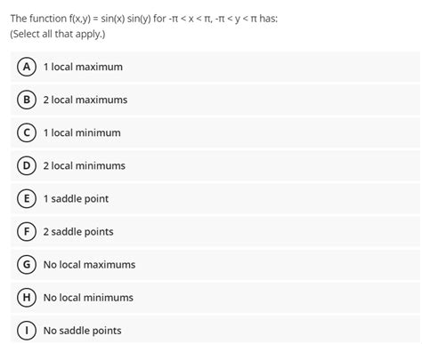 Solved The function f(x,y) = sin(x) sin(y) for -1 | Chegg.com