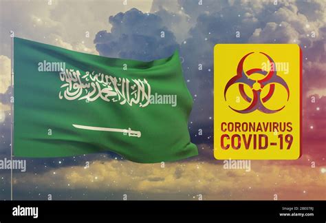 COVID-19 Visual concept - Coronavirus COVID-19 biohazard sign with flag of Kingdom of Saudi ...