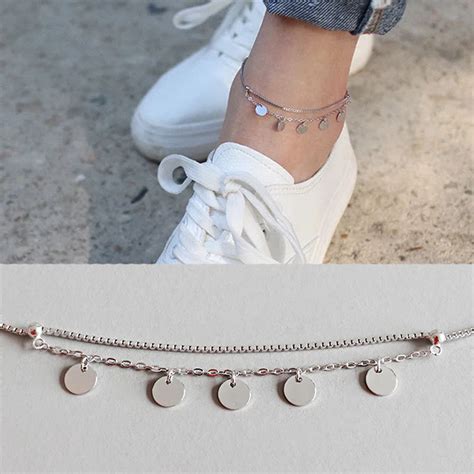 2019 925 sterling silver ankle bracelet femme tornozeleira pulsera, double chains geometric ...