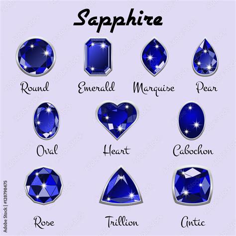 Set of different types of cuts of precious stone Sapphire in realistic ...