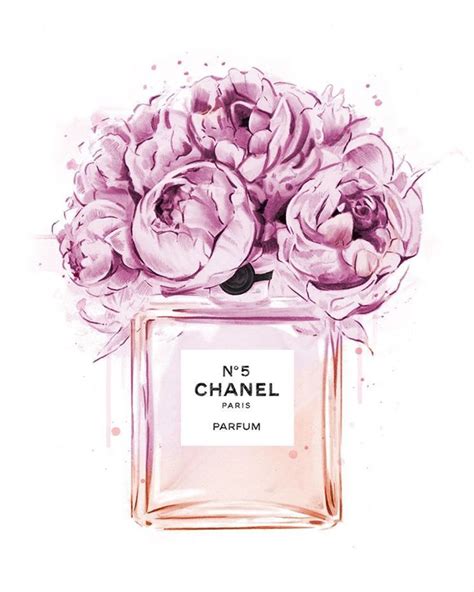 chanel no 5 perfume bottle with pink flowers in it and watercolor on paper