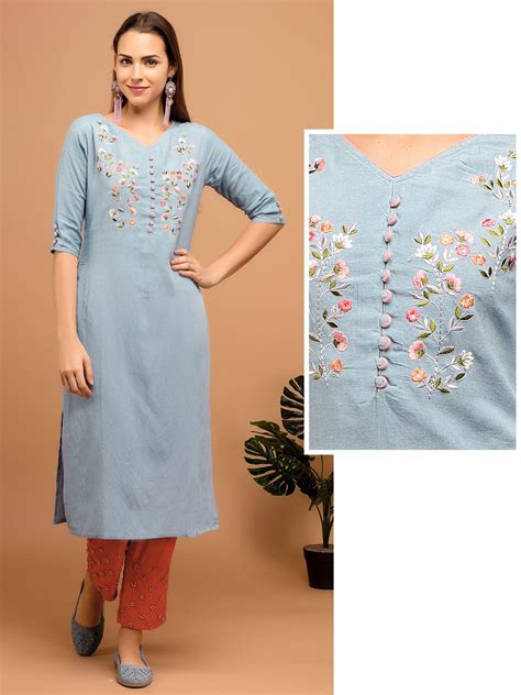 Floral Hand Bead Embroidered Kurta - Fashor | Kurti neck designs ...