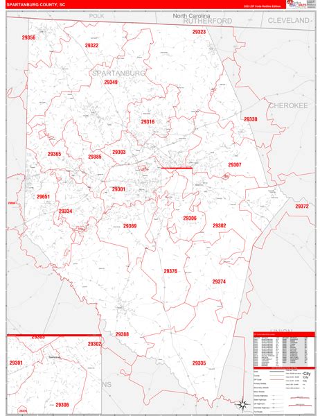 Spartanburg County, SC Zip Code Wall Map Red Line Style by MarketMAPS - MapSales