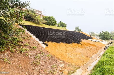 Slope Erosion Control With Grids And Earth On Steep Slope Stock Photo - Download Image Now - iStock