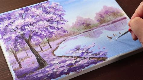 A purple tree on lake /acrylic painting for beginners /landscape ...