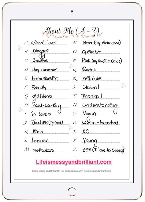 About Me Bullet Journal Page - Self Care printable