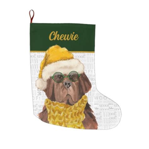 Newfoundland Dog with Name Woof Background Large Christmas Stocking | Zazzle