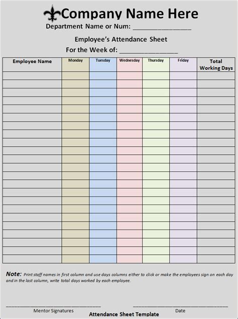 Attendance Sheet Format | Free Word Templates