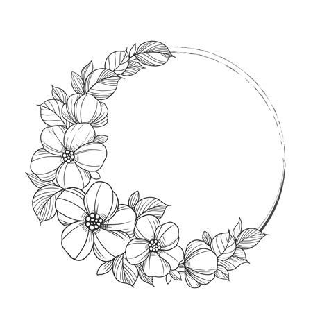 Premium Vector | Flower frame outline double round Floral circle border botanical line art ...