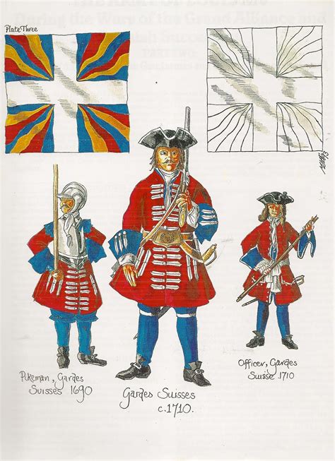 French Swiss Guard; l to R Pikeman 1690, Guard 1710 & Officer 1710 ...