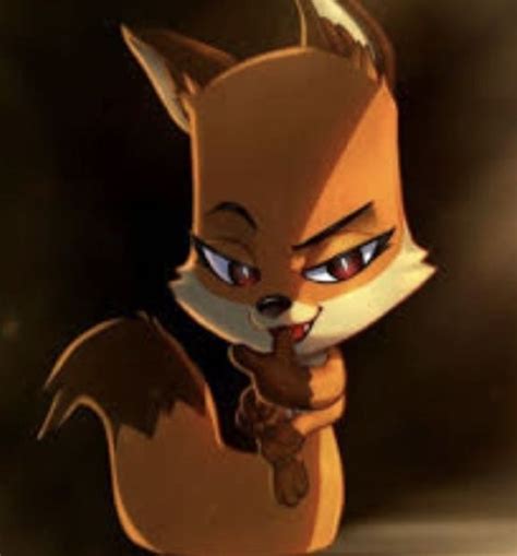 an animated fox with red eyes pointing to the right and holding a finger in its mouth