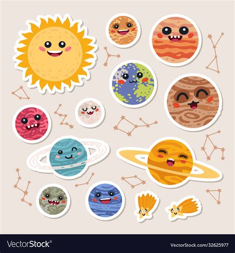 Big set cute cartoon planets stickers Royalty Free Vector