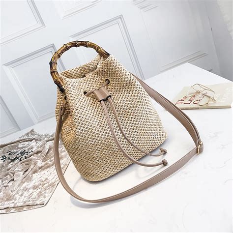 Drawstring Women's Straw Bucket Bag Summer Woven Shoulder Bags Shopping Purse Beach Handbag ...