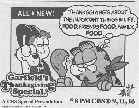 "Garfield's Thanksgiving Special" premiered November 22, 1989 | Garfield, Important things in ...