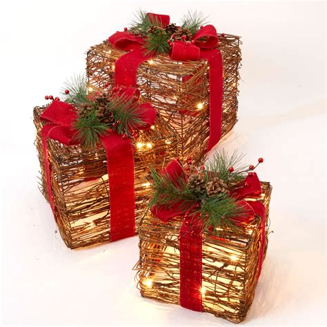 Set of 3 Pre-Lit Rattan Gift Boxes | Christmas | Brylane Home