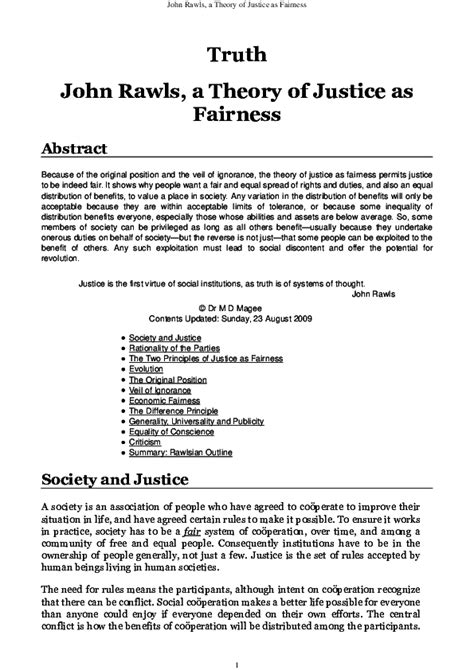 John Rawls, a Theory of Justice as Fairness