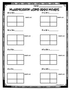 4.NBT.5 Area Model Multiplication Worksheet (2 digit x 2 digit) | Area model multiplication ...