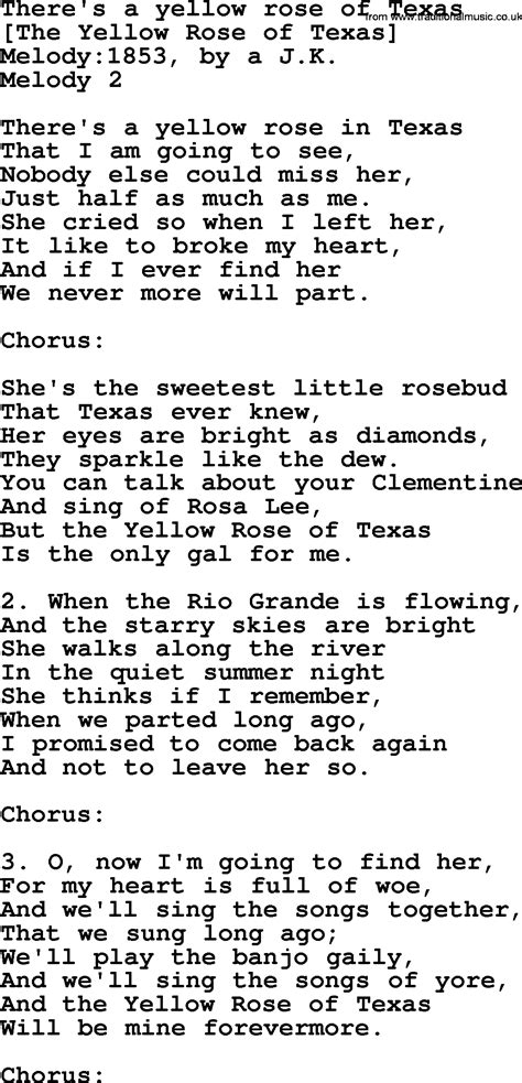 Old American Song - Lyrics for: There's A Yellow Rose Of Texas, with PDF