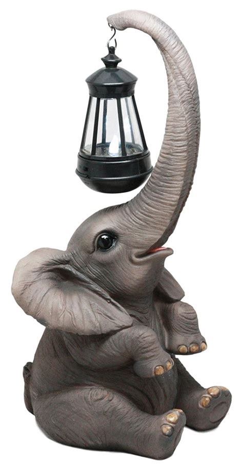 Ebros Trunk Lights Lucy The Elephant Statue With Solar LED Light Lantern Lamp Elephant Calf ...