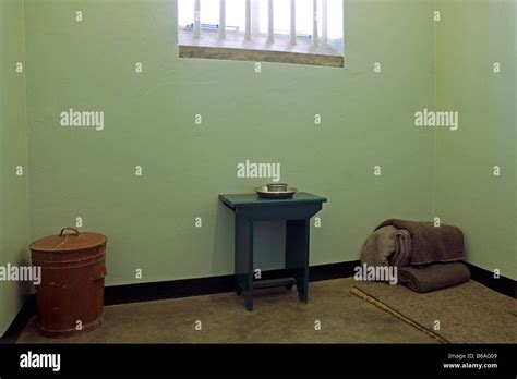 Prison cell of Nelson Mandela in Robben Island prison Cape Town South ...