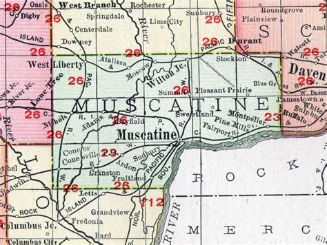 Muscatine County, Iowa, 1911, Map, Muscatine City, West Liberty, Wilton ...