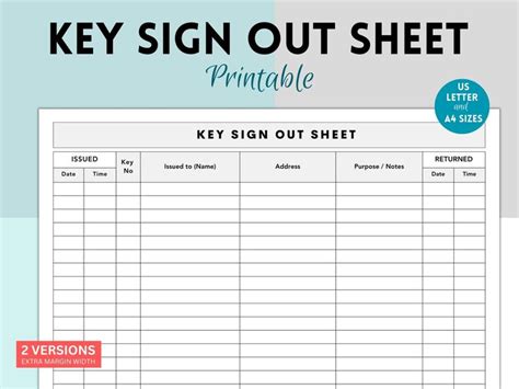 Key Sign Out Sheet, Key Sigh Out Log, Sign in Out Form, Equipment Key Sign Out Form, Office ...