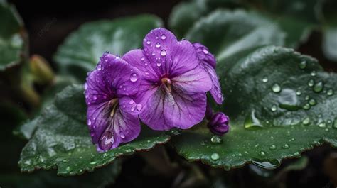 Water Droplets Fall On A Purple Violet Flower With Green Surrounding Background, African Violet ...