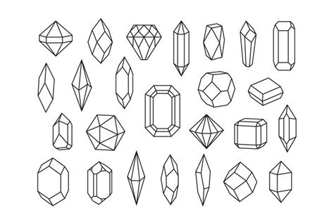 Line crystal set. Drawing jewel mineral structure, crystals