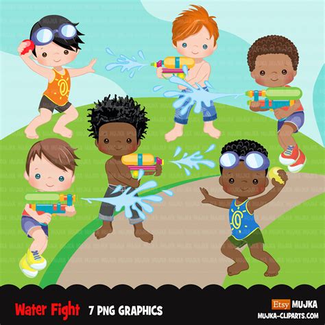 Water Gun Fight Clipart Boys Black Boys Outdoors Water | Etsy UK