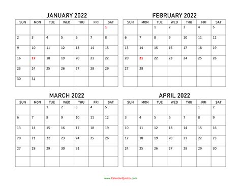 January to April 2022 Calendar | Calendar Quickly