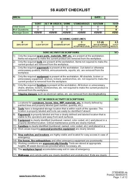 5S Audit checklist | Accessibility | Safety