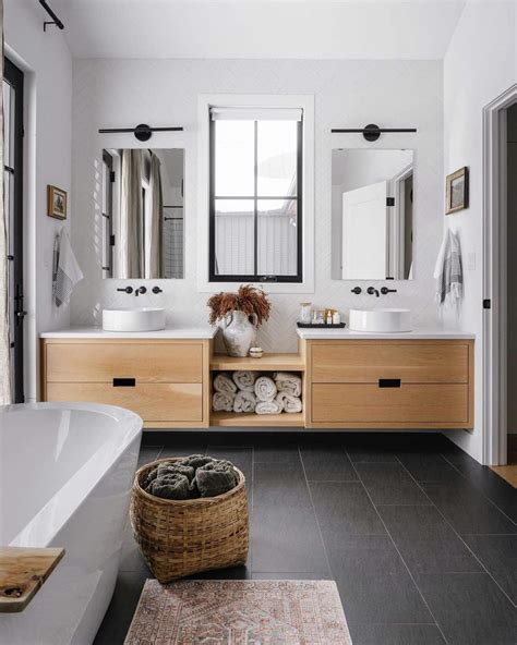 Light Wood Double Vanity with Black Bathroom Floor - Soul & Lane