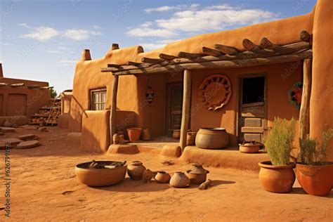 Adobe house, single-story house made of sun-dried clay bricks, with ...