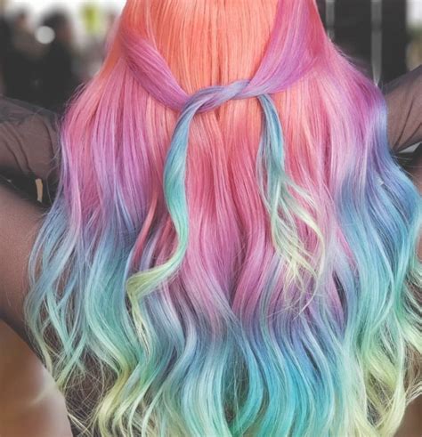 rainbow wavy curly hair with wand for long hair, Hair color for summer, Unique wavy hairstyle ...